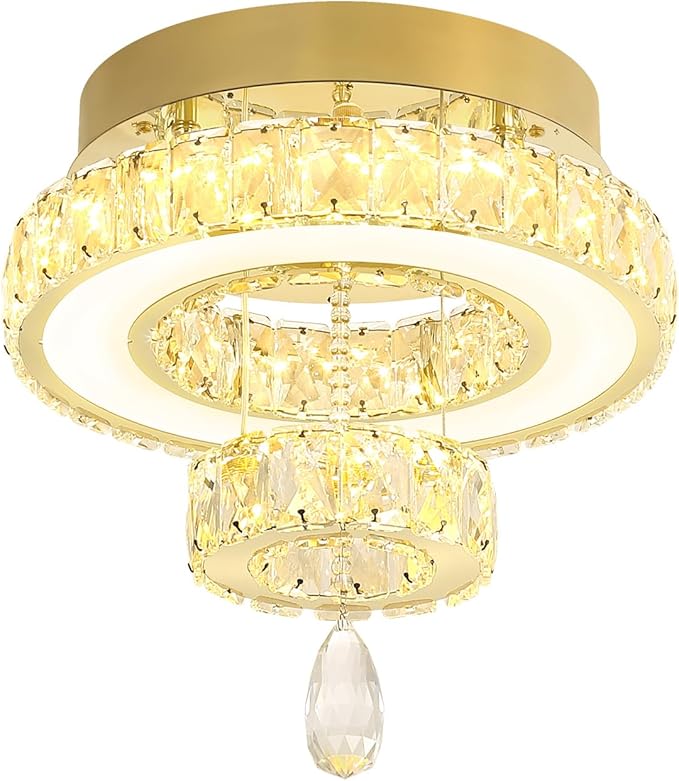 Flashing God 12" Modern Crystal Chandeliers Flush Mount Ceiling Light Gold Chandelier for Hallway LED Dimmable Light Fixture for Dining Room Living Room Bedroom