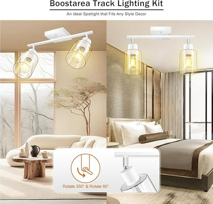 BoostArea White LED 2 Light Track Lighting Kit, 2 Way Ceiling Spot Lighting with Glass Lampshade, Flexibly Rotatable Light Head for Kitchen, Living Room, Bedroom, Bulb Not Included