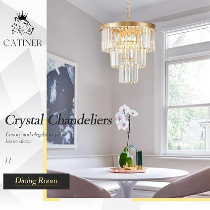 CATINER Gold Crystal Chandeliers 16" Modern 6-Light Small Pendant Light Luxury 3 Tiers K9 Crystal Ceiling Pendant Round Light Fixture for Dining Room Entryway Kitchen Bedroom Closet