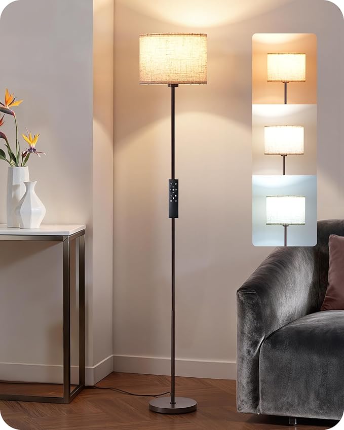 EDISHINE Minimalist Floor Lamp with 2 Shades, Adjustable Brightness & Color Temperature, Remote Control, Dimmable Modern Standing Lamp for Living Room, Bedroom, E26, A19 Bulb Included, Brown