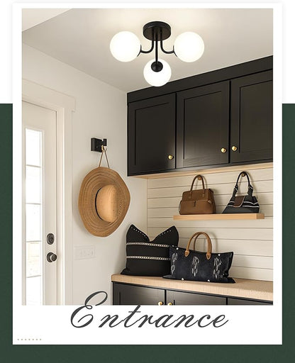 3-Globe Black Flush Mount Ceiling Light in a Modern Farmhouse Design is Ideal for Living Rooms, Bedrooms, or Dining Rooms. Model:CKCL4845-3W-BK，(Bulb Incl)