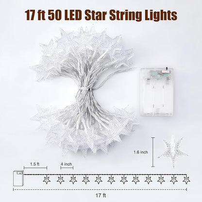 Minetom Star String Lights Battery Operated - 17 ft 50 LED Star Fairy String Lights with Timer, Waterproof for Indoor Bedroom Tent Loft Bed Patio Party Wedding Ramadan Decorations, Warm White