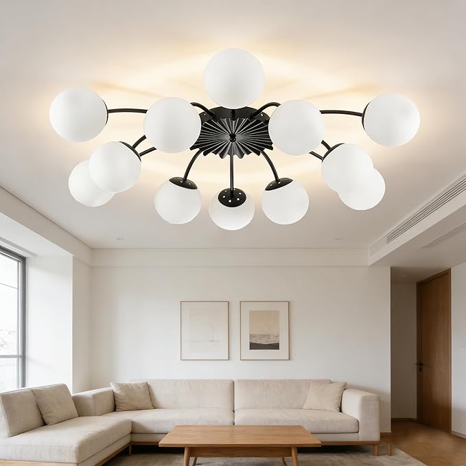 Longree 12-Light Black and White Sputnik Chandelier Opal Glass Flush Mount Ceiling Light Fixture with Blossom Accent, Mid Century Milk Glass Bubble Starburst Lighting for Dining Living