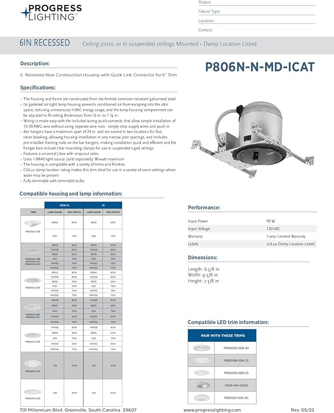 Progress Lighting P806N-N-MD-ICAT 6" Recessed New Construction Housing with Quick Link Connector 6" Trim