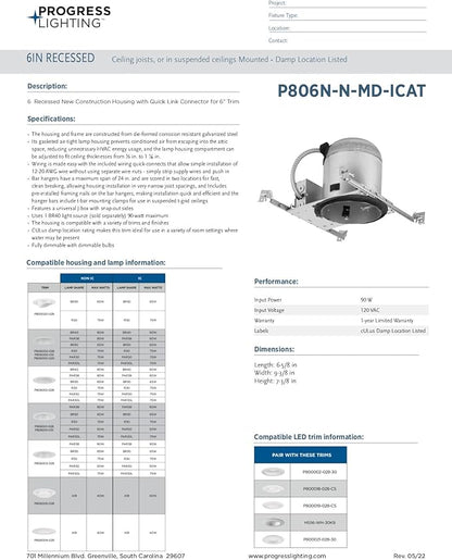 Progress Lighting P806N-N-MD-ICAT 6" Recessed New Construction Housing with Quick Link Connector 6" Trim