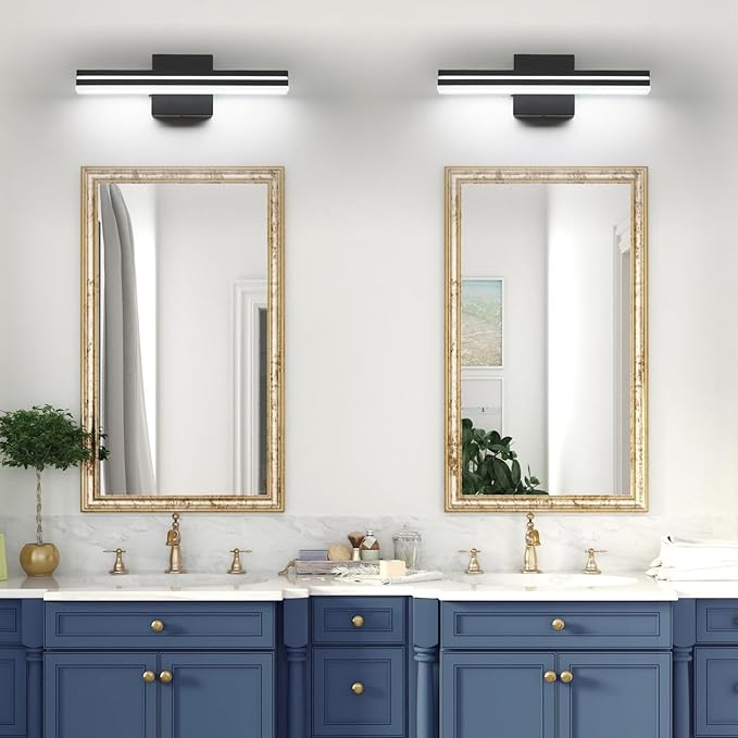 SineRise LED Modern Bathroom Vanity Light Fixtures (16-Inch, 3000K/4000K/6000K, Dimmable), Matte Black Modern Acrylic Bathroom Wall Lighting Fixtures Over Mirror