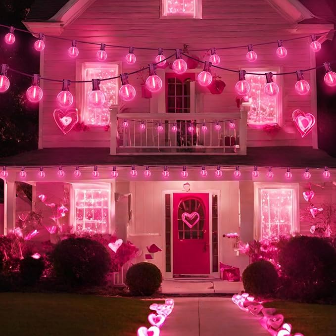 LAMPHOME Pink LED Outdoor String Lights, 26FT Patio Lights with 12+1 Shatterproof Edison Bulbs, UL Waterproof Connectable Dimmable Hanging Lights for Backyard Porch Garden Deck Balcony Decor