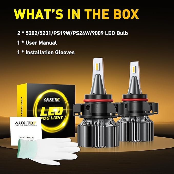 AUXITO 5202 5201 18000LM 1000% Brighter 3000K Golden Yellow LED Fog Light Bulbs, PS19W PS24W Fog Lights, 1:1 OEM Replacement for Cars Trucks SUVs, 3-Min Install, IP68 Waterproof, Pack of 2