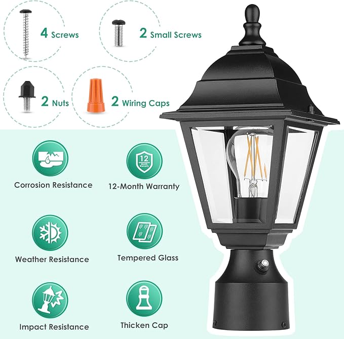 FOLKSMATE Dusk to Dawn Outdoor Post Lights, 2-Pack Large Waterproof Outside Post Lamps with Pier Mount, Exterior Pole Lantern with Clear Glass, Matte Black Light Fixture for Patio, Garden, Walkway