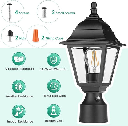 FOLKSMATE Dusk to Dawn Outdoor Post Lights, 2-Pack Large Waterproof Outside Post Lamps with Pier Mount, Exterior Pole Lantern with Clear Glass, Matte Black Light Fixture for Patio, Garden, Walkway