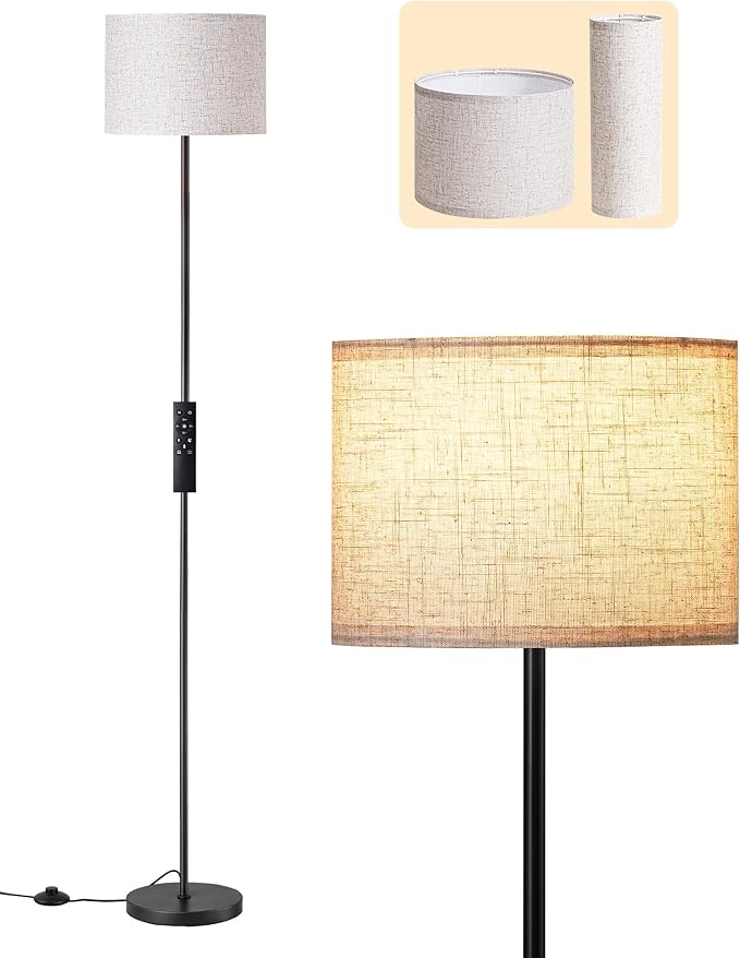 EDISHINE Floor Lamps with 2 Lampshades, 63.7" Modern Standing Lamp with Foot Switch and Remote Control, Stepless Dimmable Minimalist Lamps for Bedroom, Office, (9W LED Bulb Included), Black