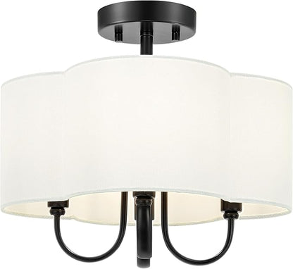 4-Light Semi Flush Mount Ceiling Light, 13.5" Vintage Light Fixtures Ceiling Mount with Fabric Shade in Quatrefoil for Kitchen Entryway Hallway Bedroom, Matte Black, SM179-MB
