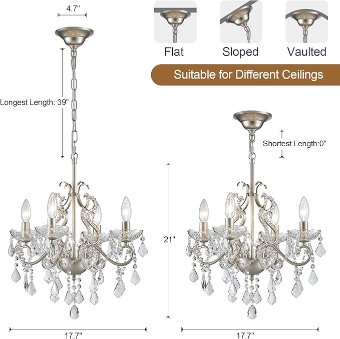 Crystal Chandelier Light Fixture, Modern K9 Crystal Chandeliers for Dining Room 4-Lights Nickel Pendant Ceiling Light Fixture for Entryway Kitchen Island Bathroom Bedroom Living Room, H 21" x W 17.7"