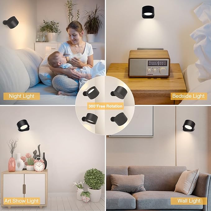 Koopala LED Reading Lights, Wall Mounted Sconces with 3 Color Temperatures & 3 Brightness Levels Rechargeable Battery Magnetic Ball 360°Rotation Touch Control, Lamps for Kids Study Bedside Closet