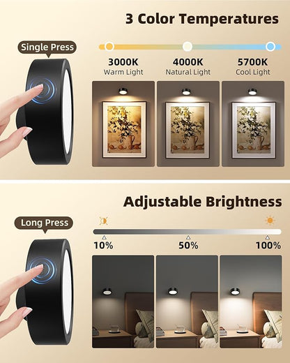 EZVALO LED Wall Mounted Light, 3000mAh Rechargeable Cordless Wall Sconce, Dimmable with Remote & Touch Control, 3 Color Temps, 360° Rotatable for Bedroom, Bedside (Black, 2 Pack)