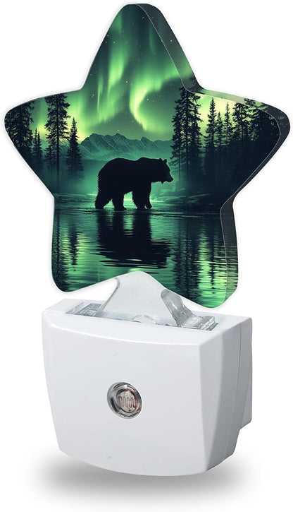 Forest Bear Night Lights Plug Into Wall Decorative,Green Polar Lights Sleep Friendly Lamp, Energy Efficient Dusk-to-Dawn Sensor Nightlights for Kid Bedroom Nursery Bathroom