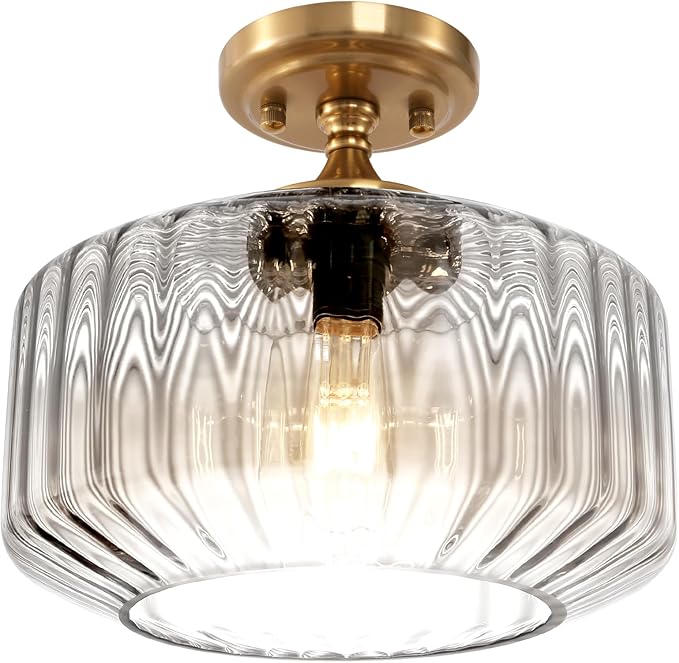 Clear Glass Ceiling Light, Vintage Seeded Glass Flush Mount Fixture with Ribbed Shade, Farmhouse Lighting for Kitchen, Living Room, Bedroom, Entryway, Bathroom
