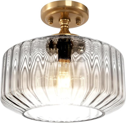 Clear Glass Ceiling Light, Vintage Seeded Glass Flush Mount Fixture with Ribbed Shade, Farmhouse Lighting for Kitchen, Living Room, Bedroom, Entryway, Bathroom