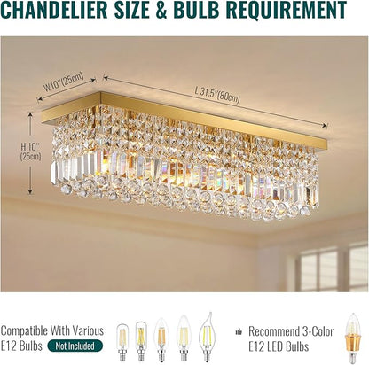 Siljoy 6-Light Modern Crystal Chandelier, Gold Rectangular K9 Crystal Raindrop Chandelier Flush Mount Ceiling Light Fixture for Dining Room Living Room Kitchen Island L31.5'' x W10'' x H10''