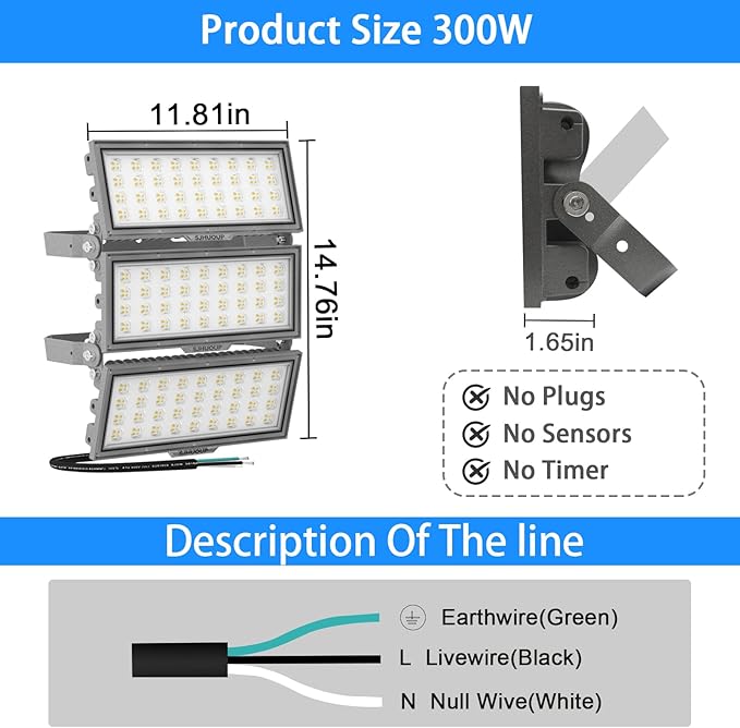 LED Stadium Lights,300Watt LED Flood Lights Outdoor,39000Lumen LED Stadium Flood Light,IP67 Waterproof 6500K Adjustable Angle Exterior Commercial Arena Lights