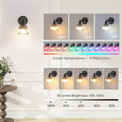 Shenmoyl Vintage Battery Operated Wall Sconce with Amber Tulip Glass Lampshade Rechargeable Battery Powered Black Wall Light with Remote Control for Bedside Bedroom Doorway