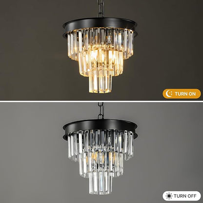 Modern Crystal Chandeliers For Dining Room: 12" Black Small Luxury Hanging Pendant Light Fixture Over Table - 3 Tiers Mini Round Chandelier For Kitchen Island Bedroom Entryway Foyer Closet 4 Lights