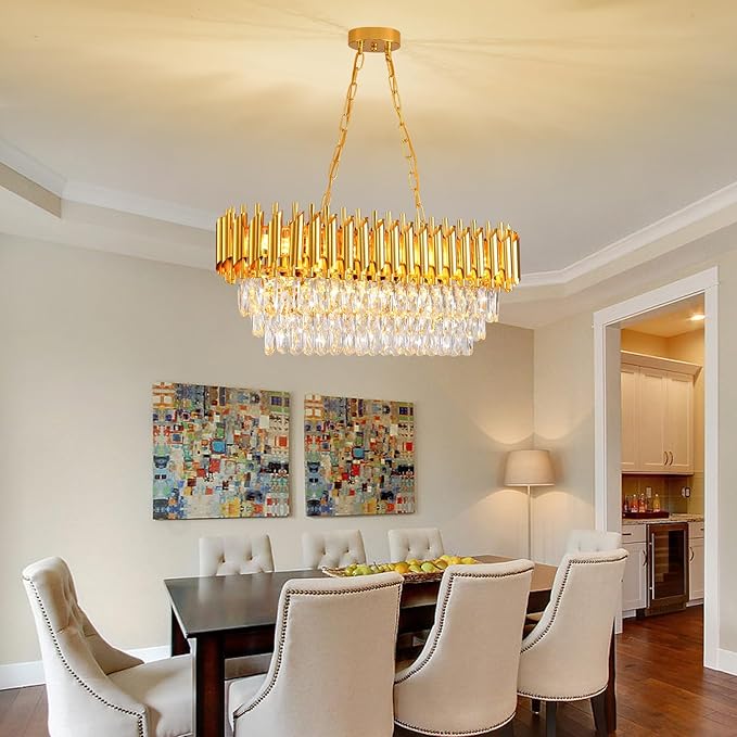 Modern Crystal Chandeliers for Dining Room 8-Light Gold Crystal Chandelier Living Room Oval Contemporary Ceiling Hanging Light Pendant Light Fixture for Kitchen Island Bar Restaurant L32