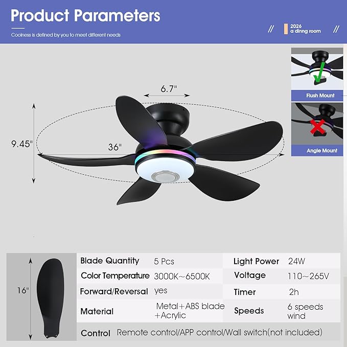 Kviflon 36" Ceiling Fans with RGB Lights Remote/APP Control, Small Ceiling Fan, 3 CCT Dimmable White Lights+RGB Ring Lights+Music Player, 5 Reversible Plastic Blades 6 Speeds for Kidsroom, Black