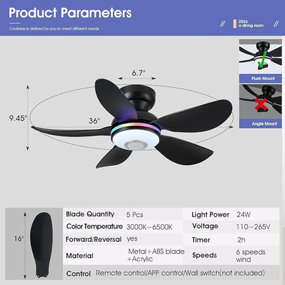 Kviflon 36" Ceiling Fans with RGB Lights Remote/APP Control, Small Ceiling Fan, 3 CCT Dimmable White Lights+RGB Ring Lights+Music Player, 5 Reversible Plastic Blades 6 Speeds for Kidsroom, Black