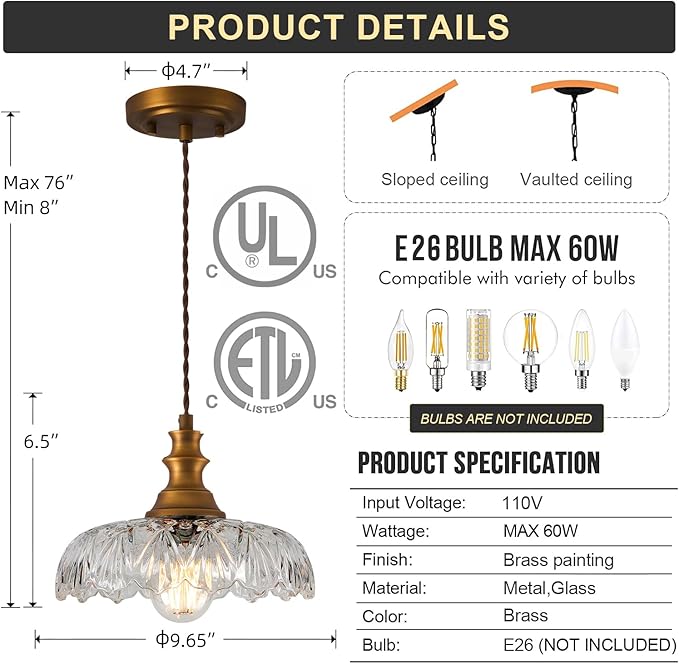 Vintage/Antique Brass Glass Pendant Light Fixture Over Sink/Table for Kitchen Island,Farmhouse Gold Hanging Pendant Chandelier for Bedroom Hotel Dining Room