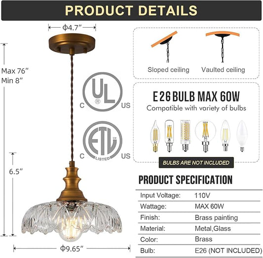 2 Pcs/Package Vintage/Antique Brass Glass Pendant Light Fixture Over Sink/Table for Kitchen Island,Farmhouse Gold Hanging Pendant Lights for Bedroom Hotel Dining Room