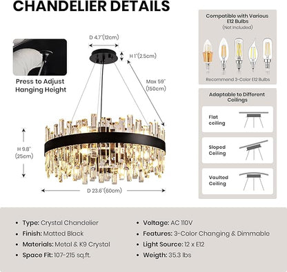 12-Light Modern Crystal Chandelier for Dining Room, Black Round Flush Mount Ceiling Light, Luxury 2-Tiers K9 Crystal Raindrop Chandelier for Living Room Entryway Foyer Bathroom D23.6''