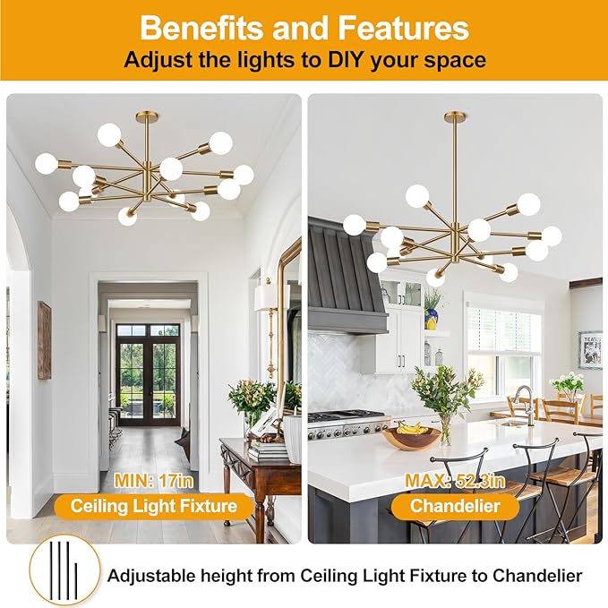 MQMQA Sputnik Chandeliers Dining Room Light Fixture (12-Light, 33-Inch), Modern Brushed Brass Chandelier, Height Adjustable Mid Century Modern Chandeliers for Dining Room Kitchen (Bulbs not Included)