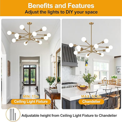 MQMQA Sputnik Chandeliers Dining Room Light Fixture (12-Light, 33-Inch), Modern Brushed Brass Chandelier, Height Adjustable Mid Century Modern Chandeliers for Dining Room Kitchen (Bulbs not Included)