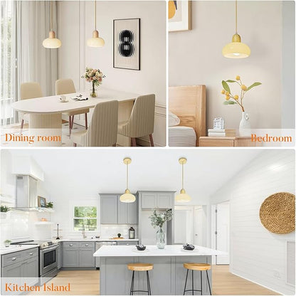 Glass Dome Pendant Light Cream Glass Hanging Ceiling Lamp Kitchen Island Pendant Lighting, Modern Wood Suspended Lights for Dining Table Bedroom Living Room Restaurant 7.87″ Pendant Lamps
