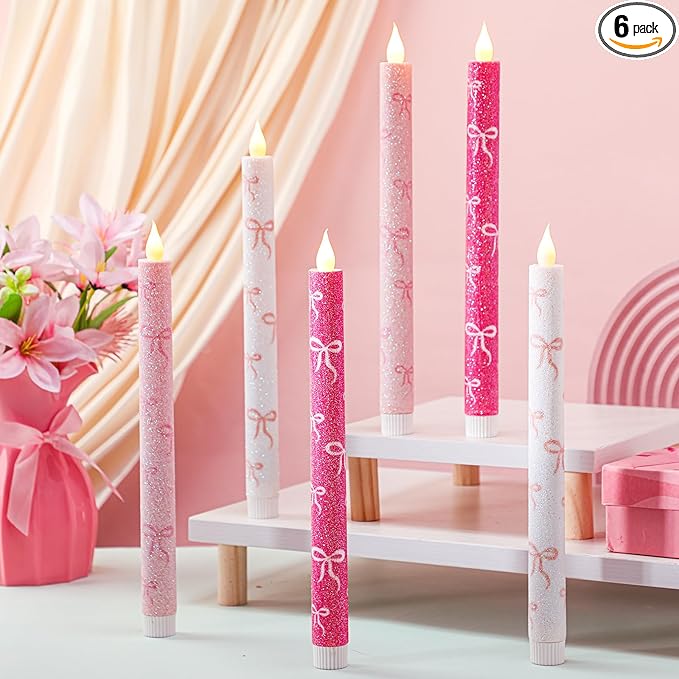 Honoson 6 Pcs Mother's Day Flameless Candles Glitter Bow Taper Candle 10.6 Inch Pink Coquette Candles Battery Operated LED Candlestick for Mother's Day Wedding Bridal Birthday Party Dinner Table Home
