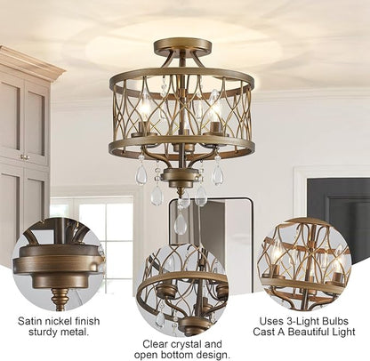 Farmhouse Crystal Ceiling Light Fixture, 3-Light Semi Flush Mount Crystal Chandelier Light Fixture Rustic Vintage Bronze Pendant Ceiling Lamp for Hallway Corridor Kitchen Entryway Bedroom Living Room