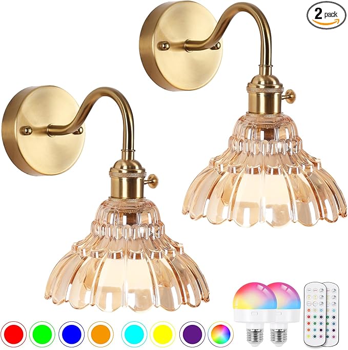 Vintage Battery Operated Wall Sconces Set Of Two, Indoor not Hardwired Brass Amber Glass Lampshade Fixtures,Rechargeable Wireless RGB Wall Lights with Dimmable Remote Control,for Bedroom Living Room
