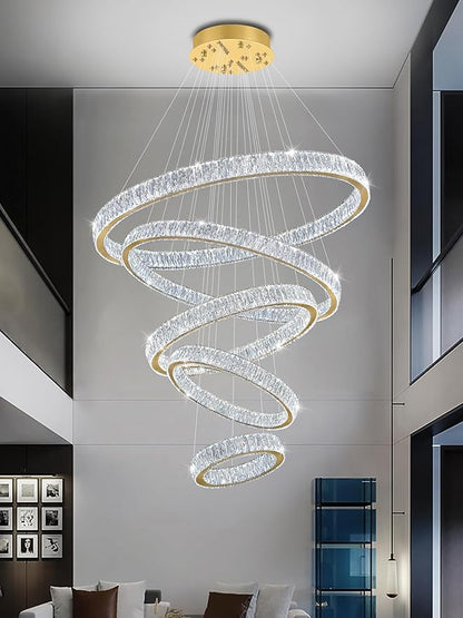 Modern 5 Ring Chandeliers for High Ceiling Foyer,Luxury Dimmable Crystal Ceiling Light Fixtures Staircase Entrance Villa Large Gold Chandelier D8''+15.7"+23.6"+31.5"+39.4"