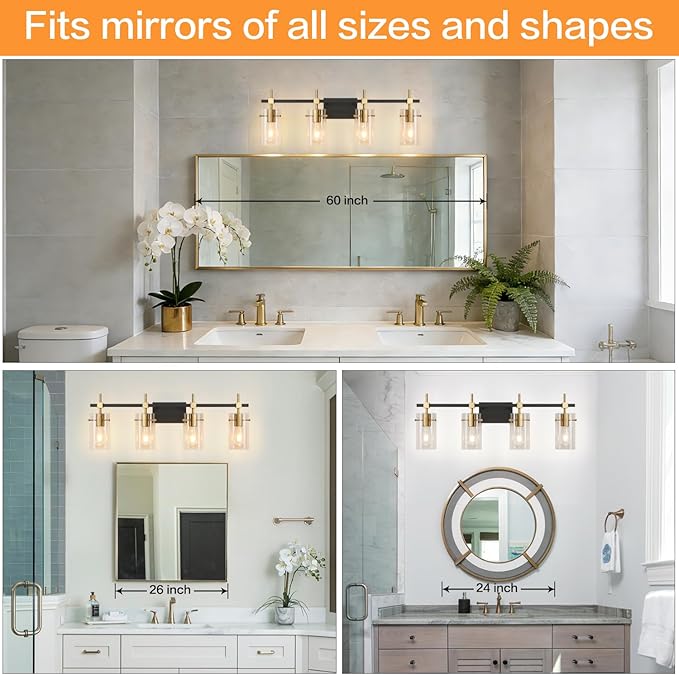SOLFART Farmhouse Brass Bathroom Vanity Lights fixtures Over Mirror Vintage Bathroom Lighting Wall Sconce with Glass Shade 4 Lights