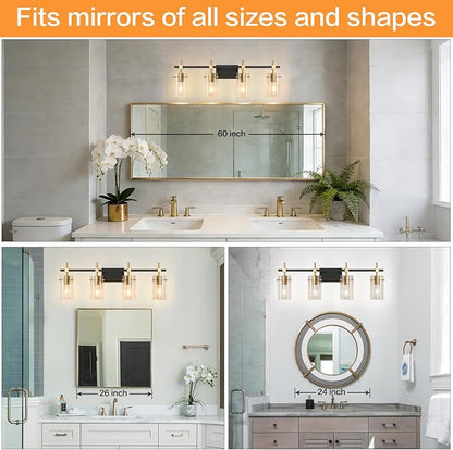 SOLFART Farmhouse Brass Bathroom Vanity Lights fixtures Over Mirror Vintage Bathroom Lighting Wall Sconce with Glass Shade 4 Lights