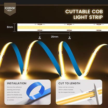 COB LED Strip Lights 16.4ft/5m, 12V LED Light Strip, Daylight White 6000K Under Cabinet Lighting, Super Bright Flexible Tape Lights for Bedroom,Mirror,Kitchen,Living Room(Power Supply Not Included)