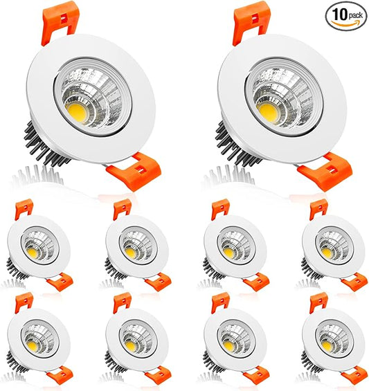 2Inch LED Recessed Ceiling Light, 3W Dimmable LED Downlight, 60 Beam Angle COB Recessed Lights with Driver, Daylight White 5500K, 25W Halogen Bulbs Equivalent for Ceiling Lighting, White 10Pack