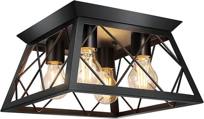 FadimiKoo 4-Light Black Flush Mount Ceiling Light for Kitchen Hallway, Industrial Close to Ceiling Lighting, Farmhouse Square Cage Lamp for Dining Room, Living Room, Bulb Not Included