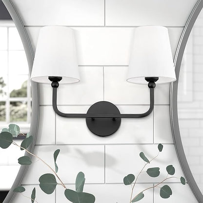 2-Light Bathroom Vanity Light Fixtures in Matte Black Finish, Modern Bedside Wall Sconces with Flared White Fabric Shade for Bathroom, Hallway, Living Room, Kitchen, VL837-MB-2