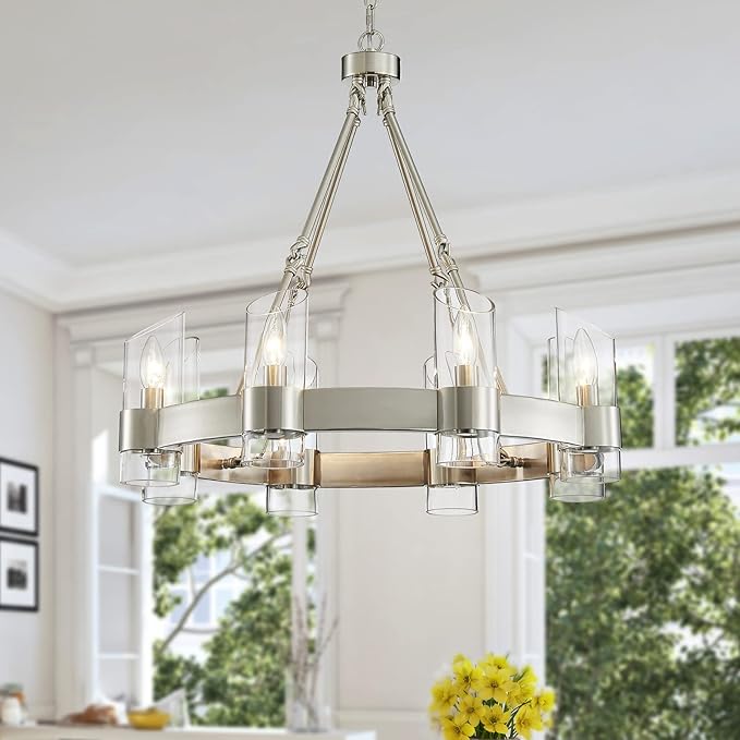 WUZUPS Wagon Wheel Chandelier 8-Light with Clear Glass Industrial Modern Farmhouse Round Light Fixture for Dining Room Kithen Island Foyer, Width 26" Height 22", Nickel