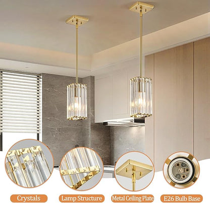 Modern Crystal Pendant Lights Kitchen Island, 1-Light Brushed Gold Hanging Light with Clear Crystal Shade, Adjustable Height Pendant Lighting for Kitchen Island Dining Room Bedroom Bar Entryway