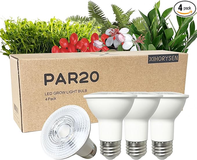 Full Spectrum 7W PAR20 E26 Base Grow Light Bulbs, Indoor Plants Seeds Greens Vegs Microgreens High PPFD, Efficient Light Cast, Energy Saving, LED 150 Watt Equiv for Plants All Stage Grow 4Pack