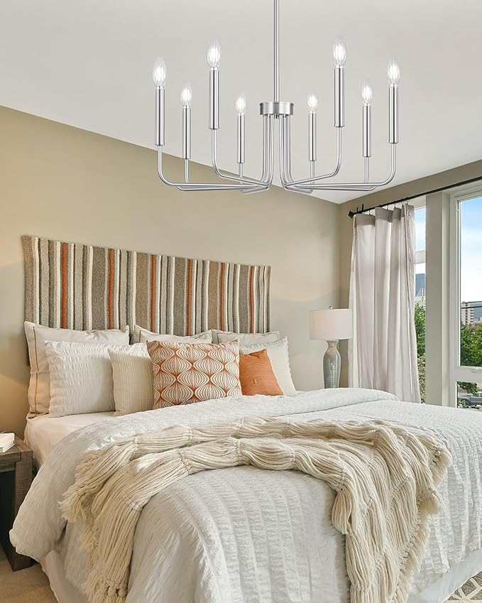 Yunnix 8 Light Brushed Nickel Chandelier - Modern Farmhouse Chandelier for Dining Room Light Fixture - 28" Silver Chandelier for Kitchen Island Lighting, Foyer and Living Room