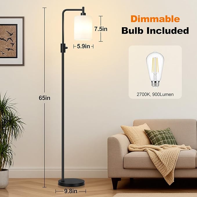 【Upgraded】Dimmable Floor Lamp for Living Room with Frosted White Glass Shade, Modern Industrial Floor Lamp with 900LM Bulb Included, Standing Tall Lamp for Bedroom, Office, Reading Room, Corner, Black